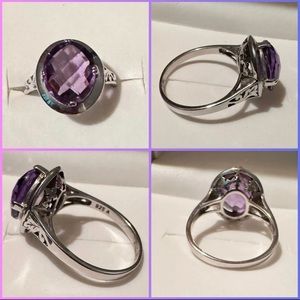 Vintage Inspired Natural Purple Amethyst 925 Sterling Silver Ring Size 8